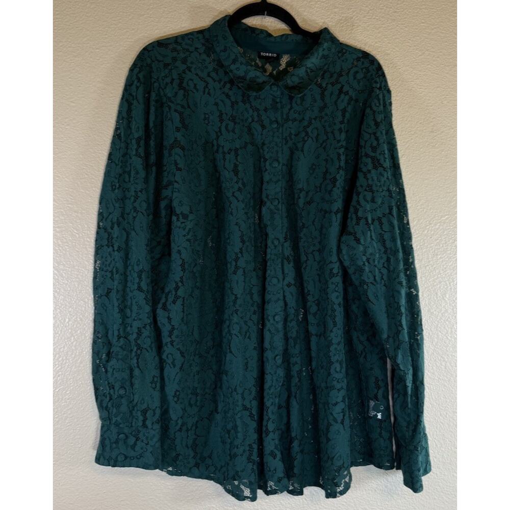 Torrid Plus 4/4X Green Lace Long Sleeve Button Down Blouse Cotton Blend - Picture 2 of 8